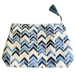Neiman Marcus Chevron Cosmetic Bag Blue Beige Jute Zip Tassel Travel Makeup